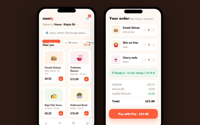 Nomly — food ordering app design sample